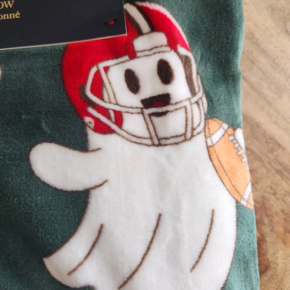 Rachel Dark Green Ghost Football Fall Pattern Pumpkin Plush Throw Blanket NWT